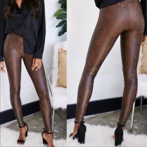Spanx Faux Leather Brown Snakeskin Leggings Animal Print Pants - Picture 1 of 9